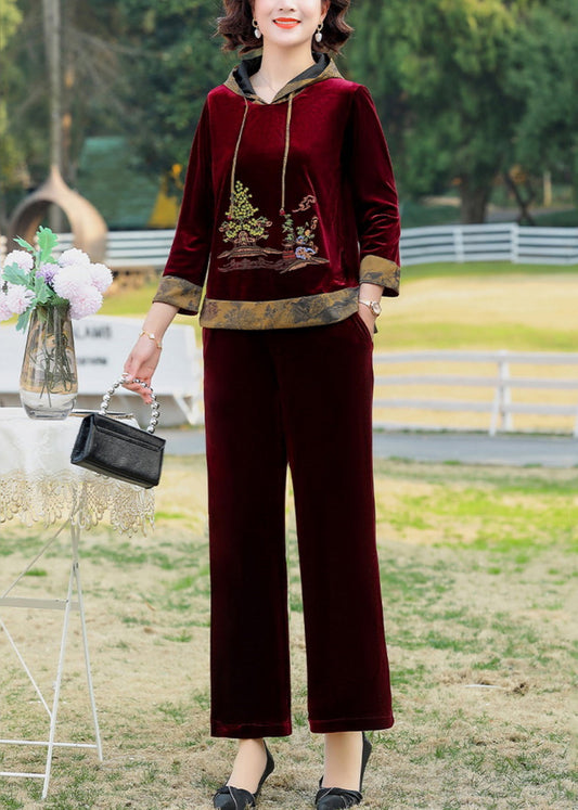 Wine Red Print Drawstring Hooded Silk Velour Top and Wide Leg Pants Two Pieces Set Fall