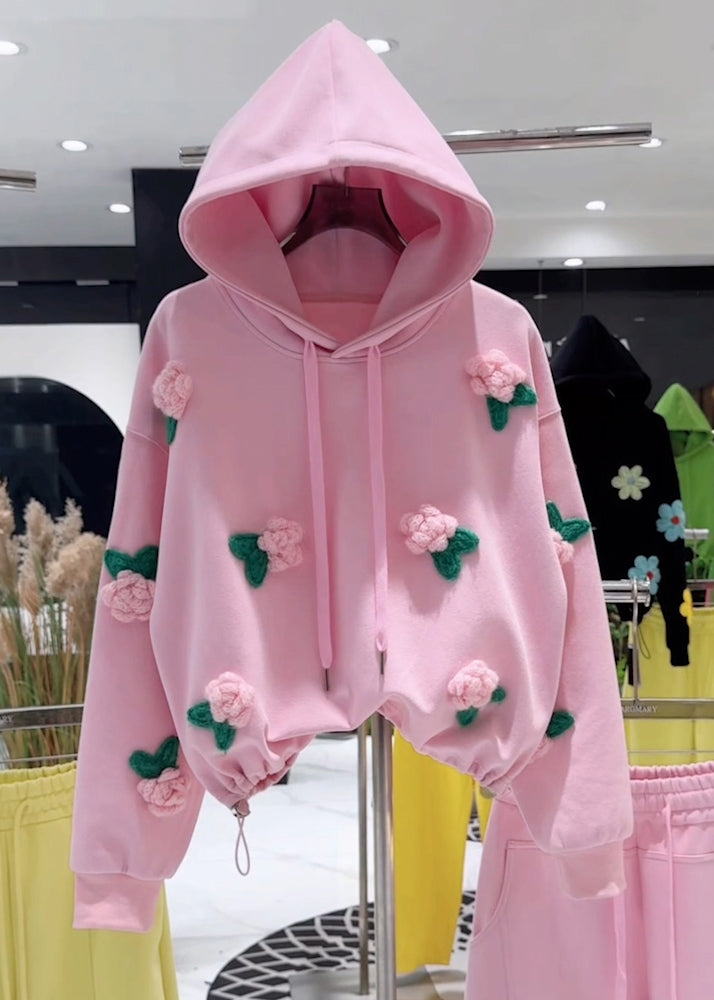Loose Pink Hooded Drawstring Cotton Pullover Sweatshirt Fall