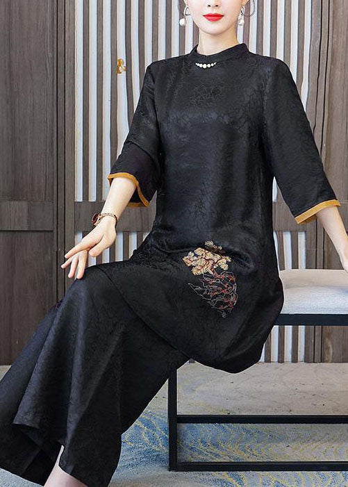 Black Stand Collar Embroideried Silk Tops and Pants Outfit Summer