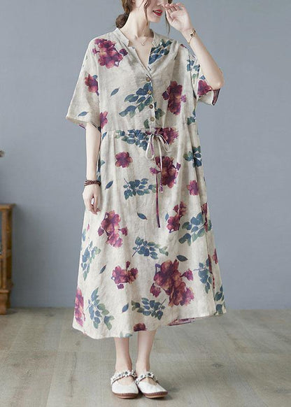 Modern Khaki V Neck Button Summer Tie Waist Party Dresses Half Sleeve