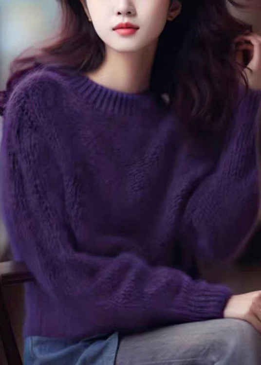 Simple Purple Cozy Cotton Knit Top Long Sleeve
