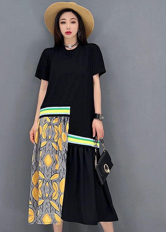 Black Patchwork Cotton Vacation Pleated Dresses O-neck Print Short Sleeve