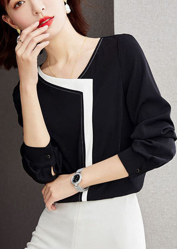 Black V Neck Patchwork Chiffon Shirt Top Long Sleeve