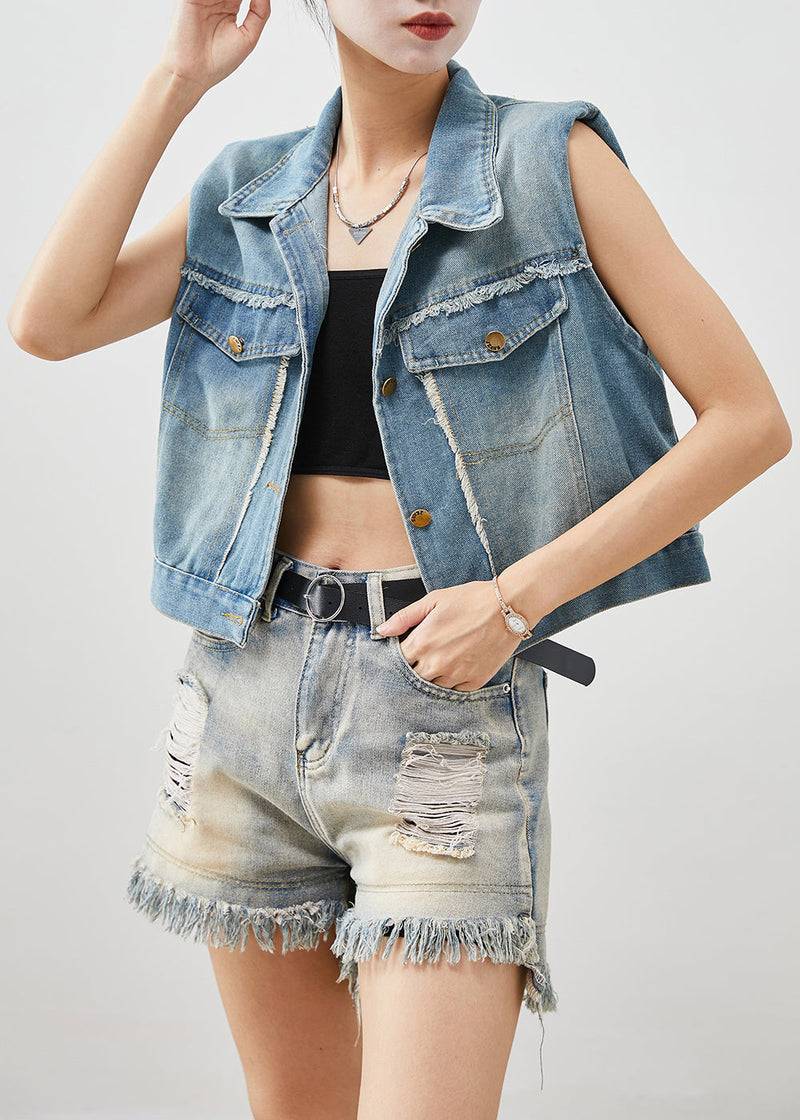 Denim Blue Tasseled Cotton Vests Fall