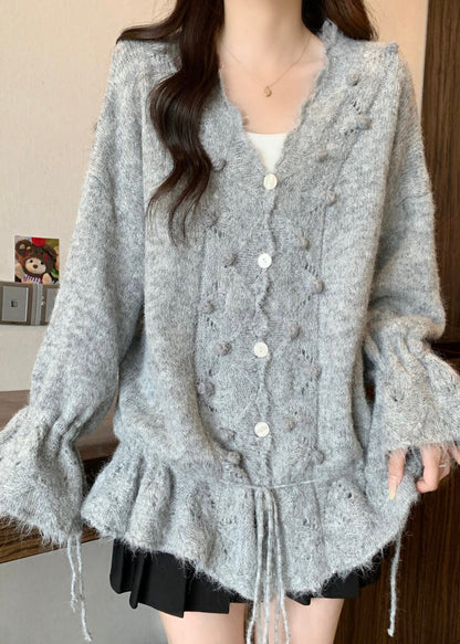 Grey Oversized Fuzzy Ball Decorated Knit Cardigans Fall