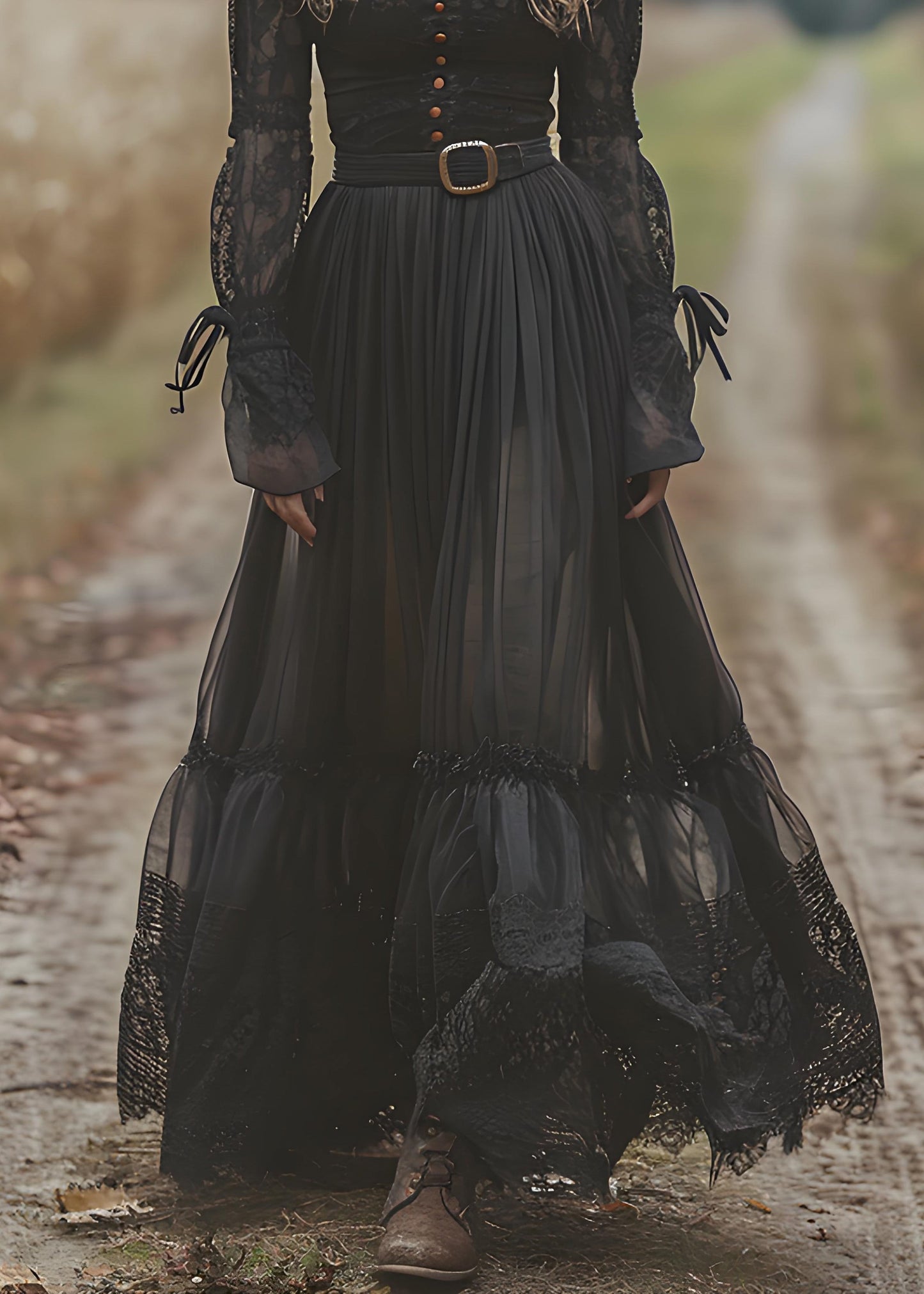 Black Lace Patchwork Wrinkled Cotton Maxi Dresses Spring