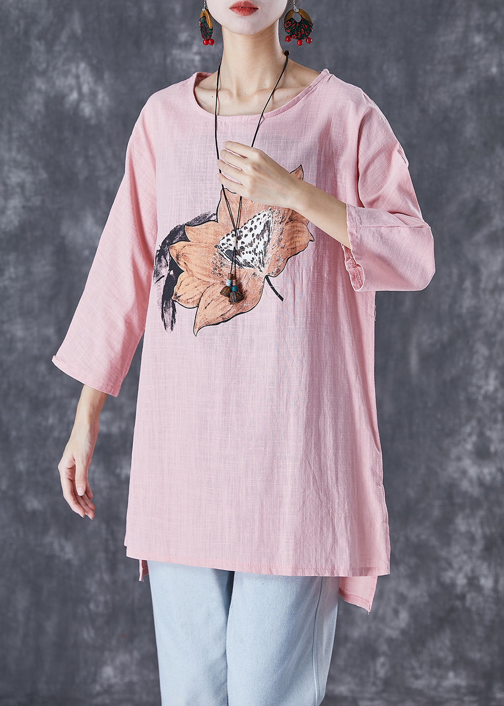 Pink Asymmetrical Print Linen Blouse Tops Fall