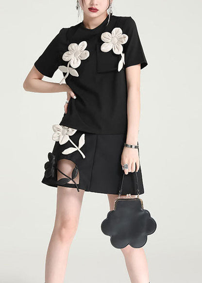 Original Design Black O-neck Patchwork Applique Cotton Tank Tops Short Sleeve