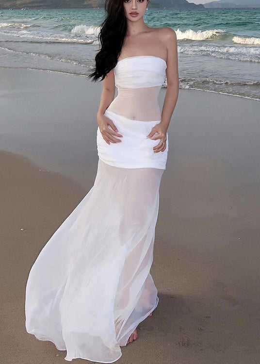 White Cold Shoulder Tulle Long Dress Sleeveless