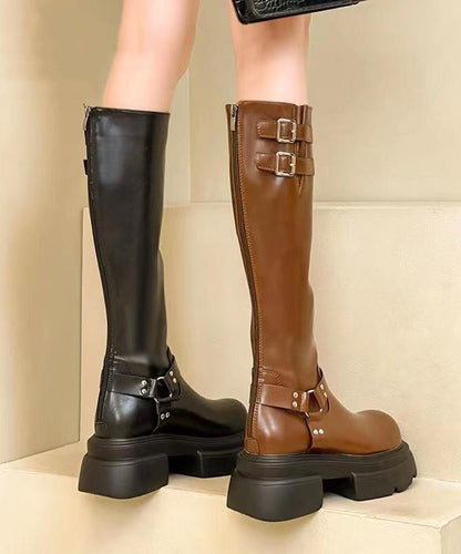 Brown Long Boots Platform Splicing