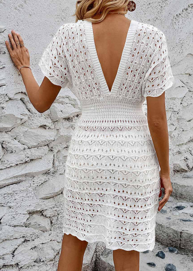 Slim Fit White Hollow Out Elastic Waist Knit Swimwear Cover Up Slips Lingerie Sets