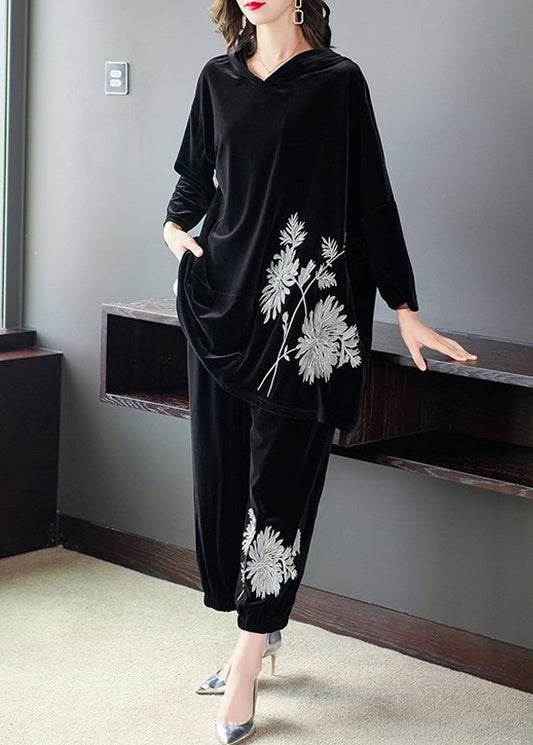 Black Embroideried Velour Top and Pants Two Pieces Set Fall