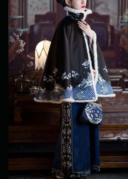 Black Faux Fur Collar Embroideried Button Silk Coats Long Sleeve