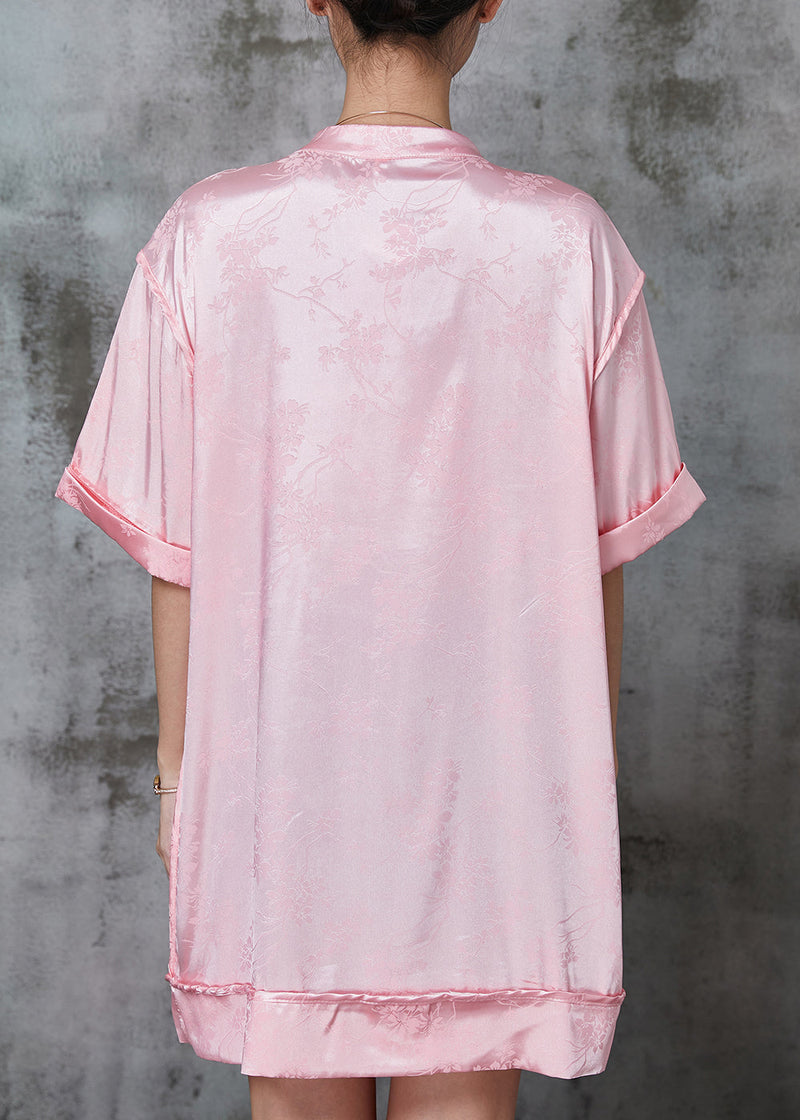 Pink Embroidered Chinese Button Silk Mini Dress Spring