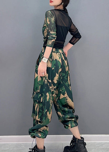Unique Camouflage Print Tulle Patchwork Top and Pants Two Pieces Set Spring