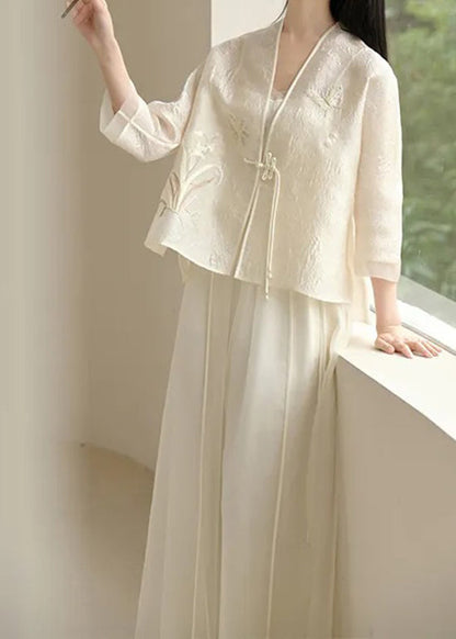 Chinese Style White V Neck Embroideried Tasseled Silk Two Piece Set Outfits Fall