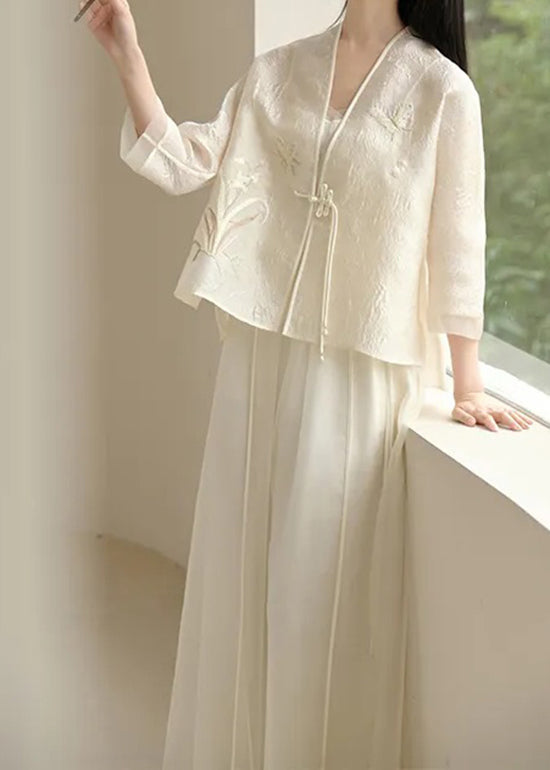 Chinese Style White V Neck Embroideried Tasseled Silk Two Piece Set Outfits Fall