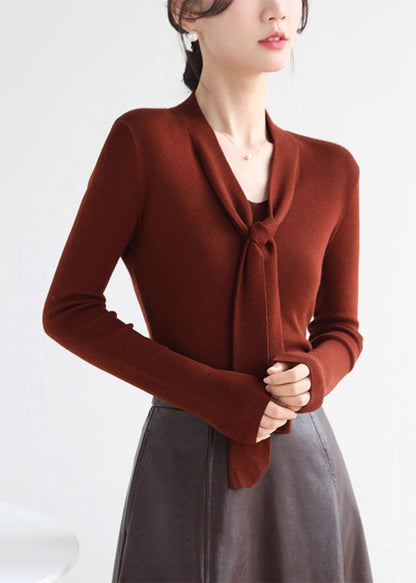 Red V Neck Tie Lace Cotton Knit Sweater Spring
