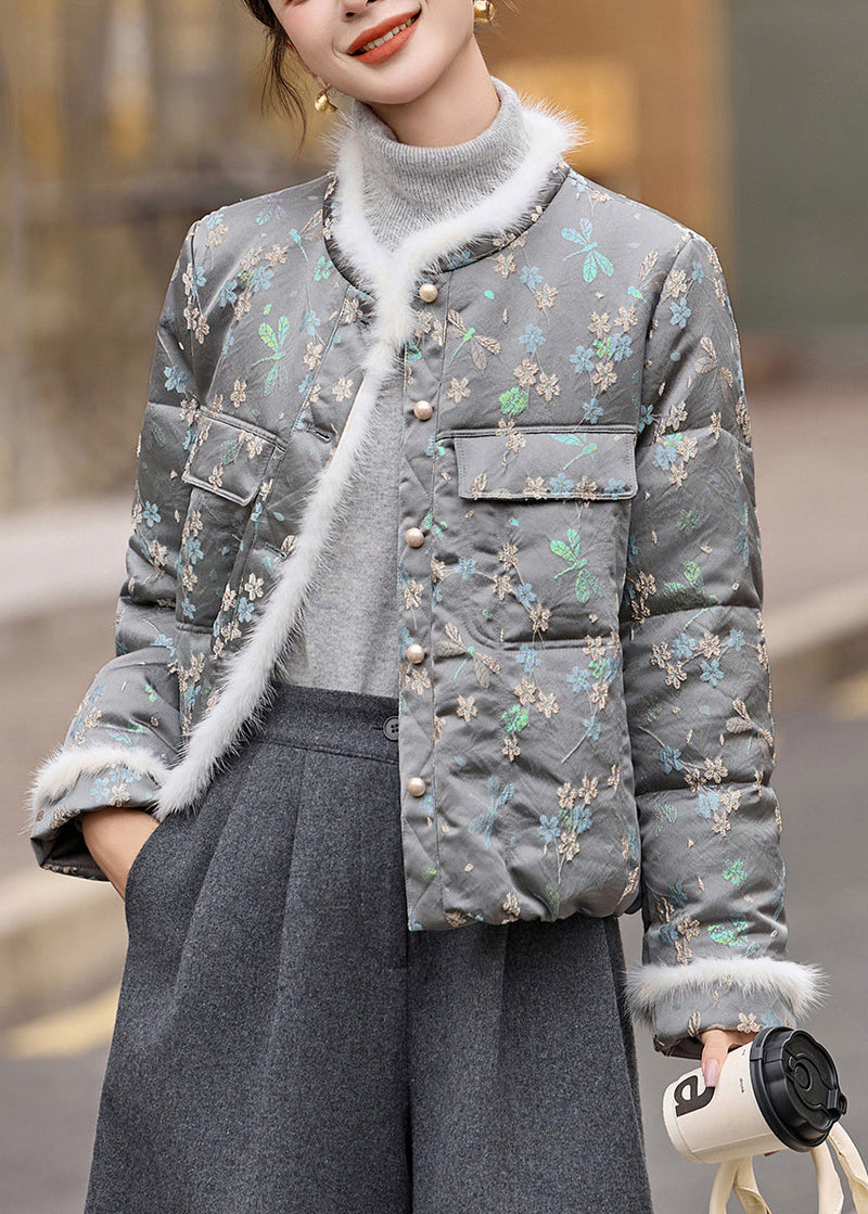 Grey O Neck Jacquard Duck Down Winter Coats