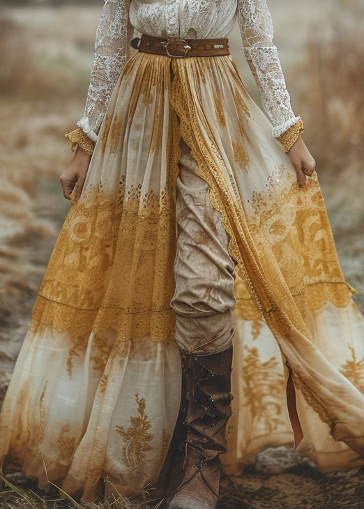 V Neck Patchwork Pastoral Style Lace Long Dresses