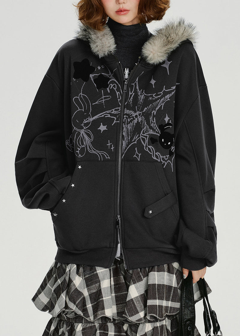 Dark Grey Fur Collar Patchwork Cotton Hooded Coat Spring