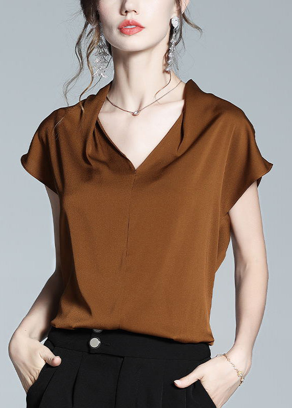 Boutique Coffee V Neck Silk Shirt Short Sleeve