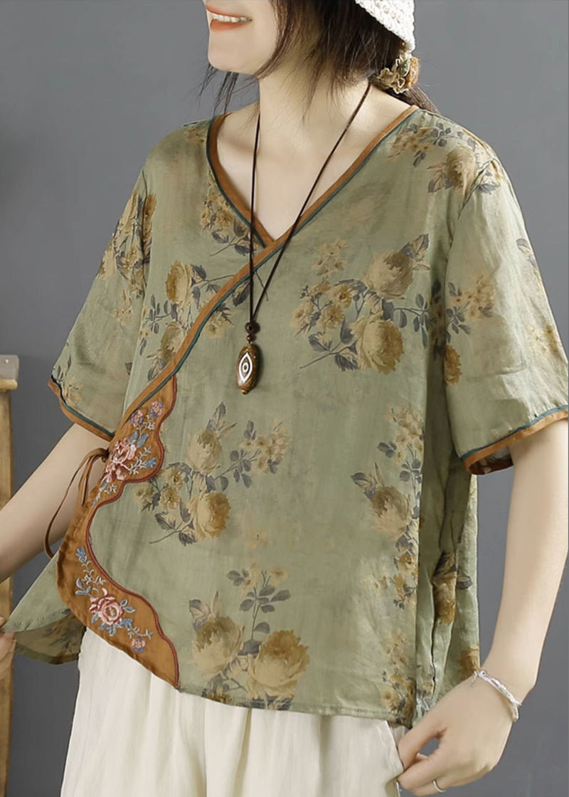 Green Embroideried Print Lace Up Linen Shirts Summer