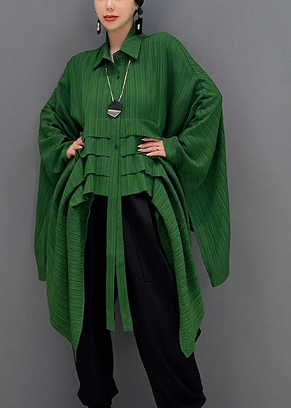 Green Peter Pan Collar Asymmetrical Low High Design Button Shirt Long Sleeve