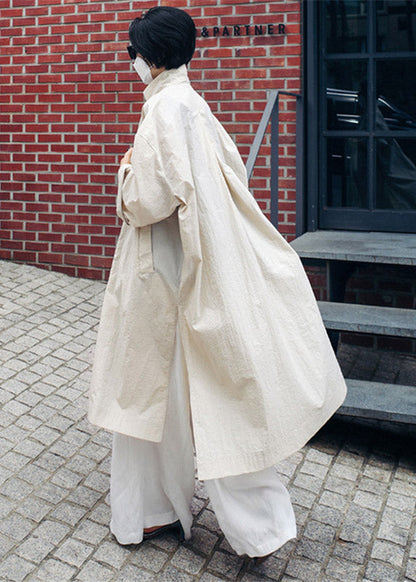 Beige Peter Pan Collar Button Wrinkled Side Open Trench Coats Long Sleeve