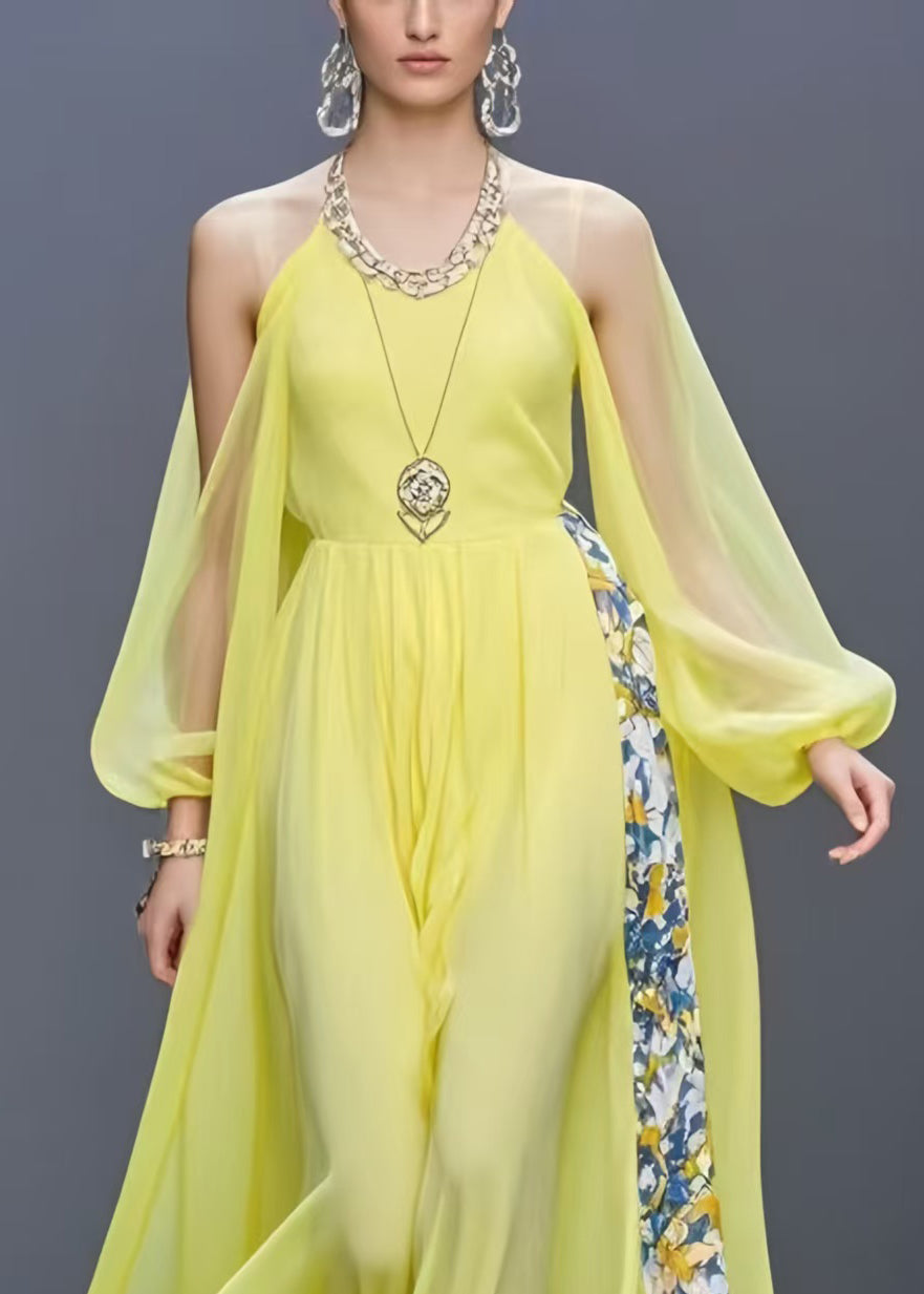 Yellow Cold Shoulder Patchwork Chiffon Long Dress Summer