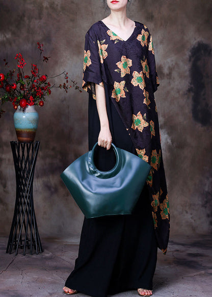 Art Yellow Print Asymmetrical Design Silk Top and Wide Leg Pants Two-piece Set Short Sleeve