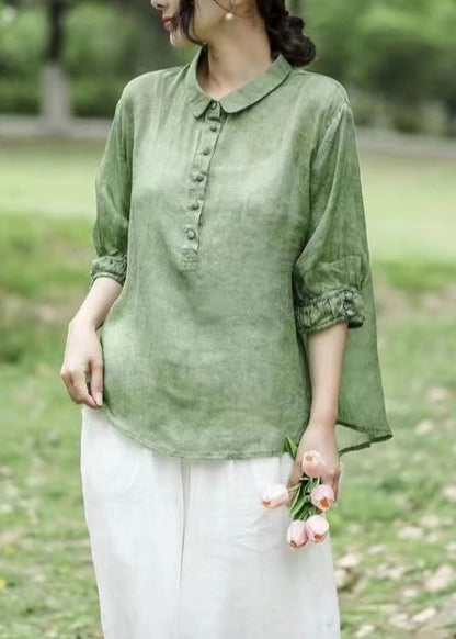 Red Peter Pan Collar Patchwork Button Linen Tops Long Sleeve