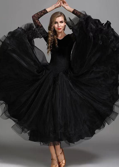 Blackish Green V Neck Patchwork Velour Dance Dress Long Sleeve