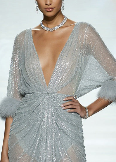 Sky Blue Sequins Patchwork Faux Fur Tulle Sheer Dress Summer