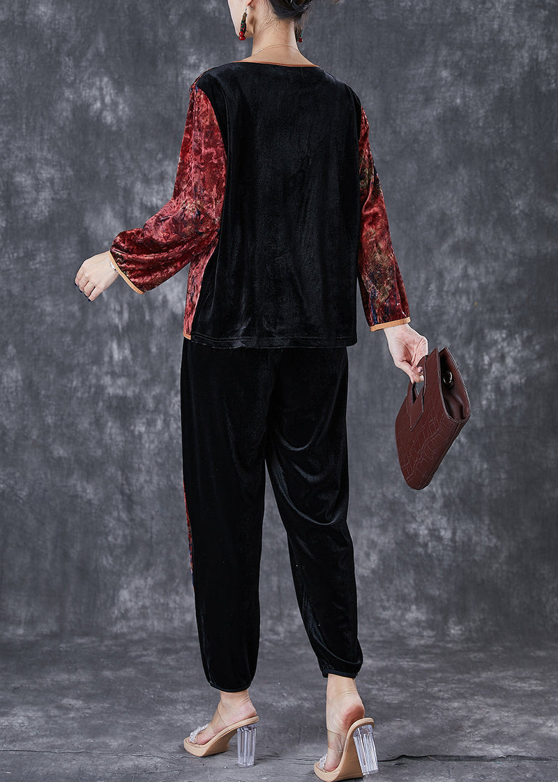 Red Oversized Patchwork Print Silk Velour Two Pieces Set Fall