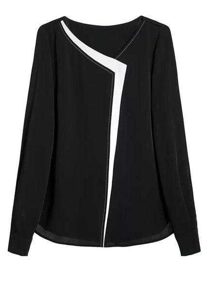 Black V Neck Patchwork Chiffon Shirt Top Long Sleeve