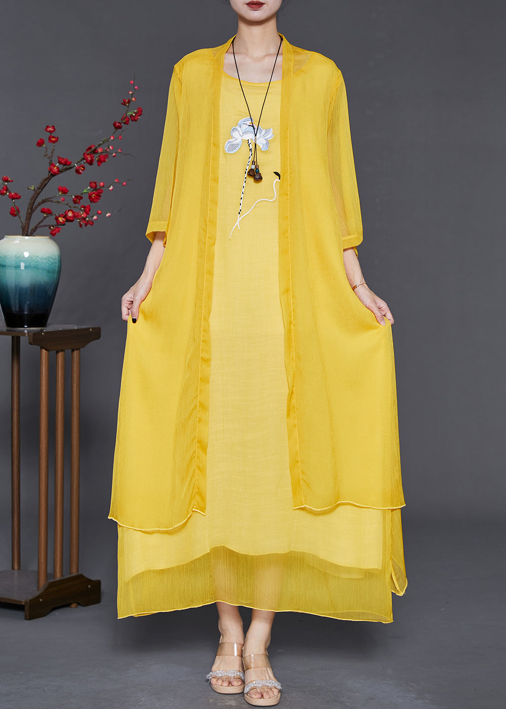 Yellow Embroidered Chiffon Two Pieces Set Summer
