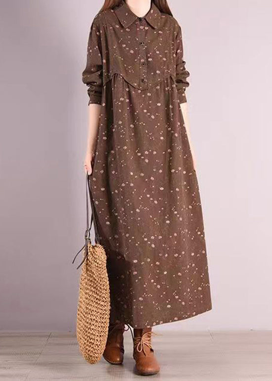 Coffee Peter Pan Collar Patchwork Cotton Dress Fall