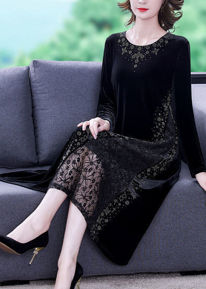 Style Black O-neck Lace Patchwork Hollow Out Silk Velour Dress Spring