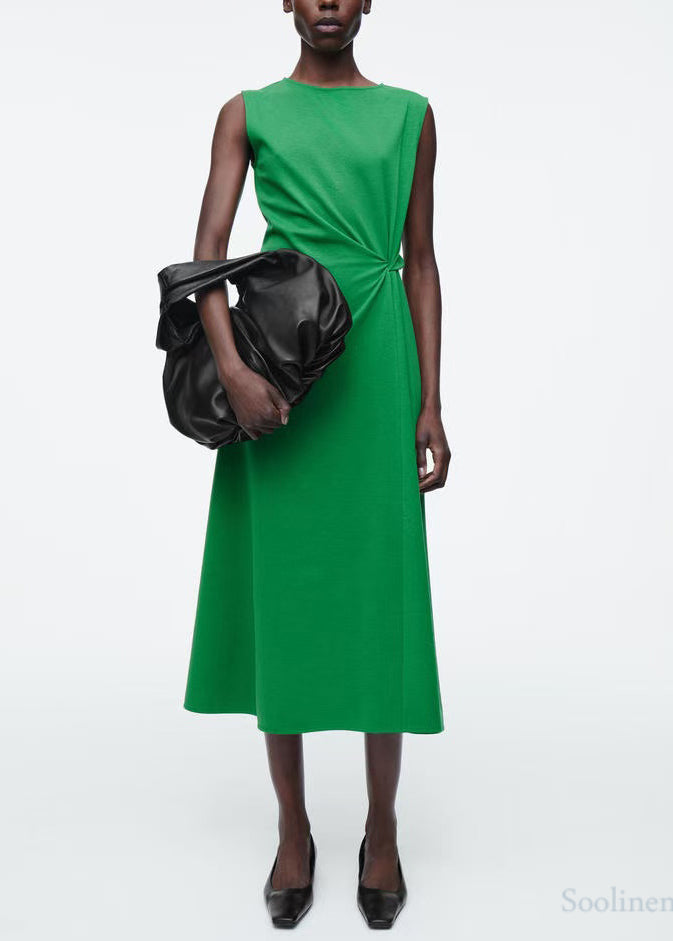 Diy Green Asymmetrical Wrinkled Cotton Dress Sleeveless