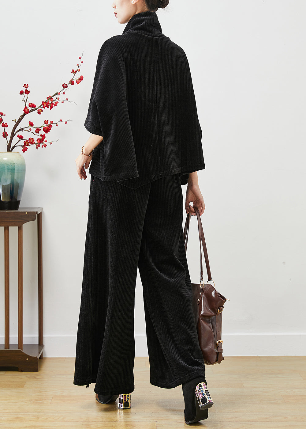 Black Turtle Neck Embroideried Tasseled Corduroy Two Pieces Set Fall