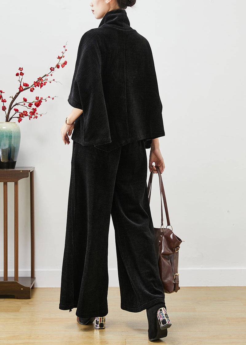 Black Turtle Neck Embroideried Tasseled Corduroy Two Pieces Set Fall
