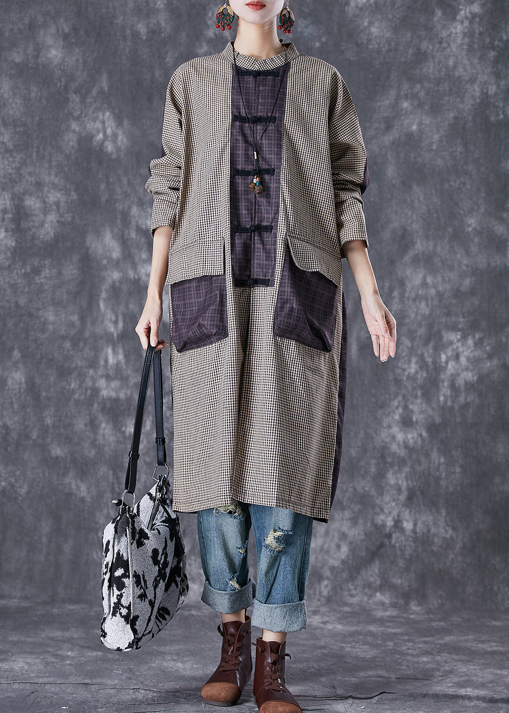 Plaid Patchwork Pockets Cotton Long Blouses Fall