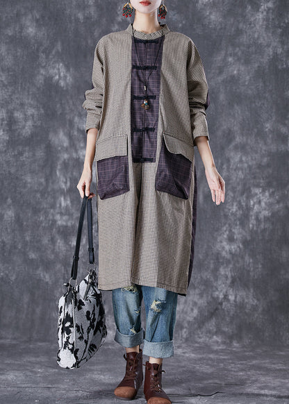 Plaid Patchwork Pockets Cotton Long Blouses Fall