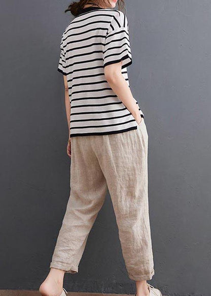 White Striped Cotton Linen Tops Summer