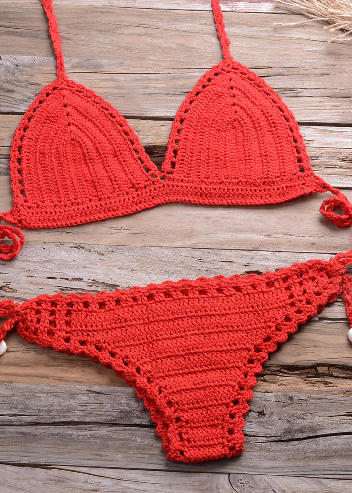 European and American Handmade Blue Hollowed Out Beach Swimwear Set