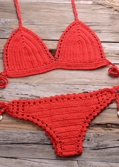 European and American Handmade Blue Hollowed Out Beach Swimwear Set