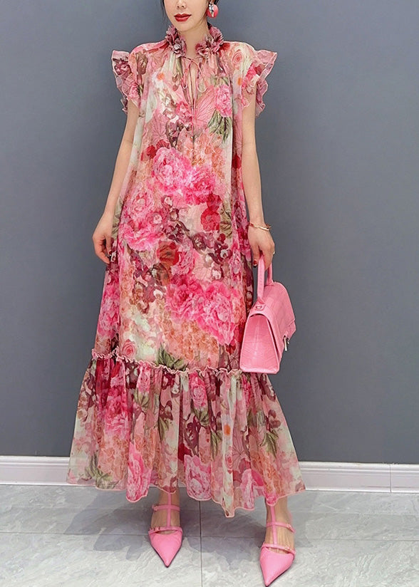 Pink Ruffled Print Patchwork Dress Sets 2 Pieces Summer