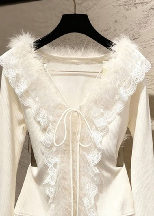 French Apricot V Neck Lace Patchwork Tie Lace Cotton Knit Sweater Spring