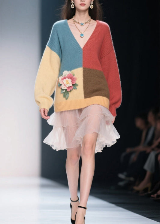 Colorblock V Neck Knit Sweater Dress Fall